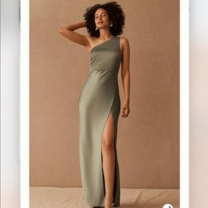 BHLDN brand new green satin one shoulder maxi dress with slit